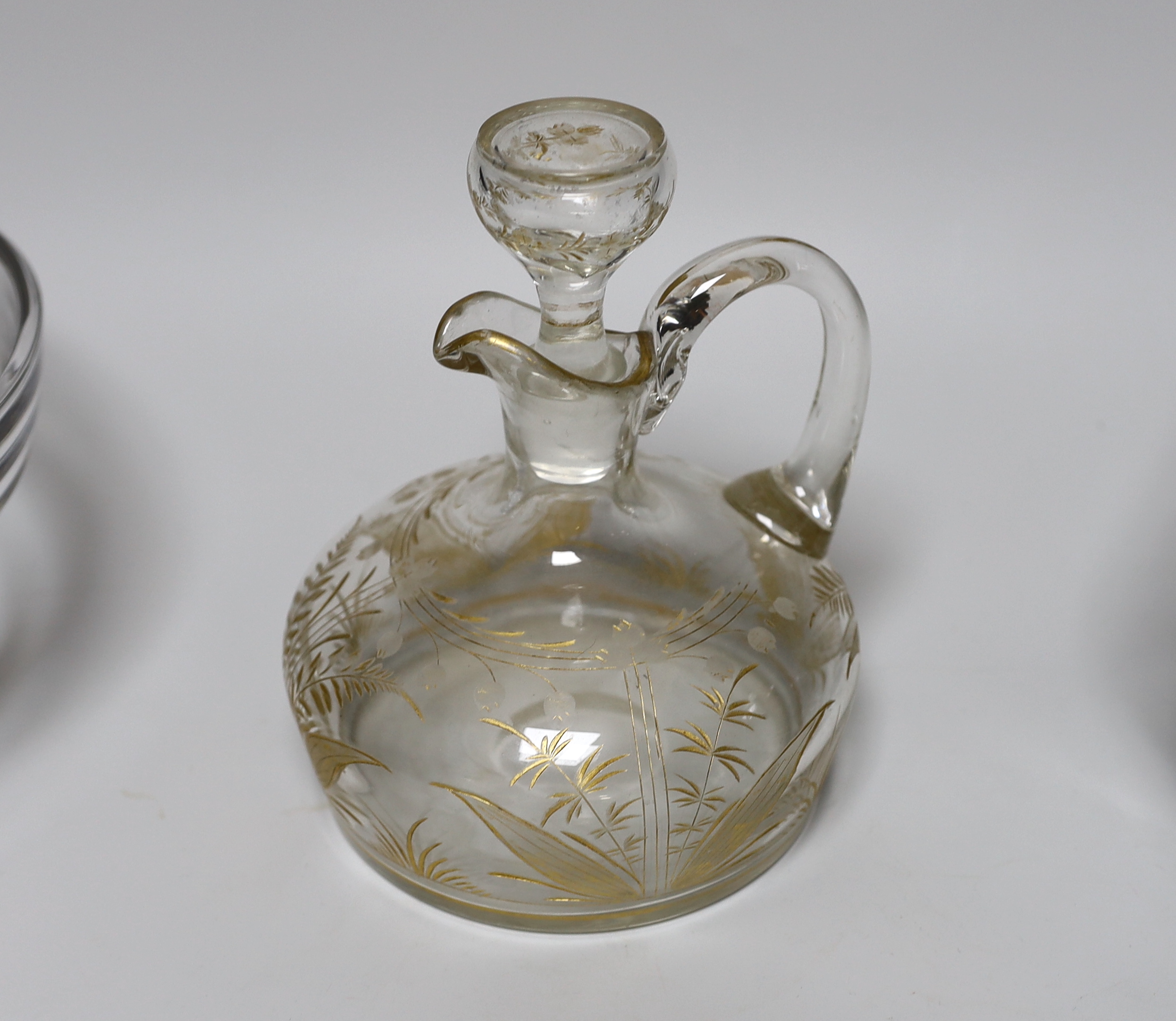 A boxed Tiffany glassvase other glassware and porcelain tea wares, Tiffany vase 23cm high